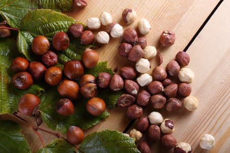 Hazelnuts on table. Nut harvest