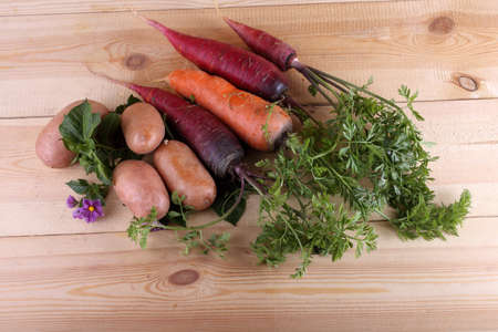 Carrots and potatoes on tableの写真素材