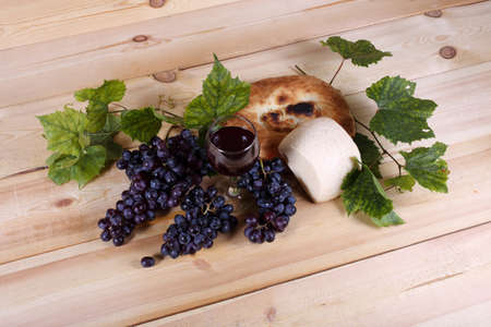 Grape, wine, cheese and breadの写真素材