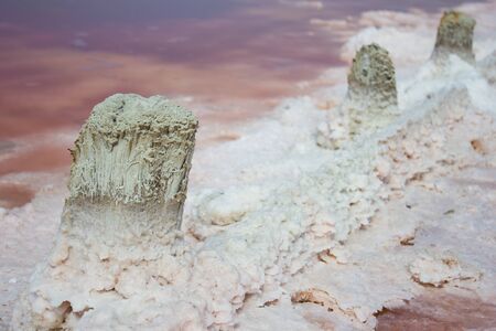 Rose water in a salt lake, extraction of sea salt - landscape background salt-mining plantの写真素材