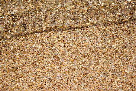 Shore beach water sea wave sand shells, vacation background textureの写真素材