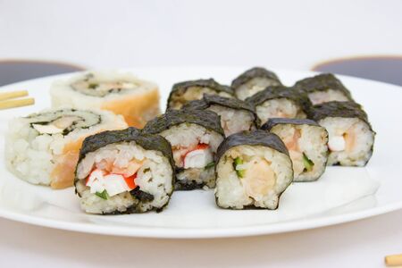 Japanese cuisine, rice sushi and fish - closeup, vegetarian dishの写真素材