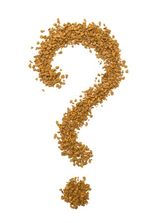 Dry instant coffee granules in the shape of a question mark - brown texture, on a white backgroundの写真素材