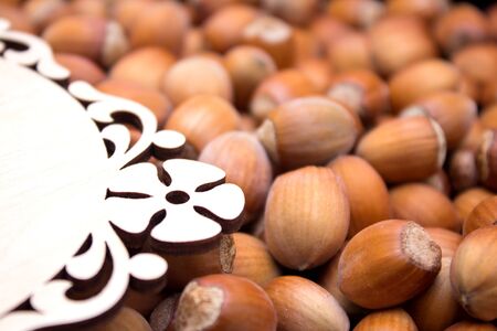 Many peeled hazel nuts - background and texture of natureの写真素材