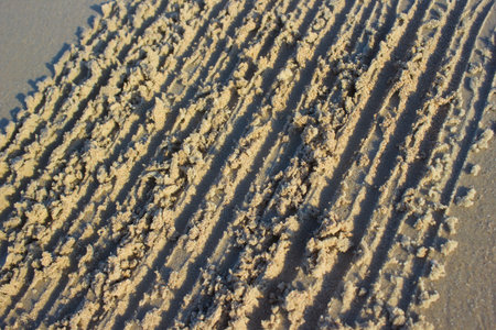 Traces of scratches in the sand sunrise background sea, texture beach dawn wave