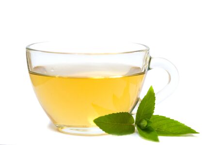 Glass transparent cup with tea and green mint leaf - on a white backgroundの写真素材