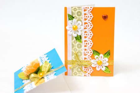 Beautiful varied handmade greeting cards - on a white backgroundの写真素材