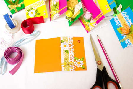 Beautiful varied handmade greeting cards - on a white backgroundの写真素材