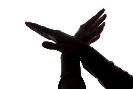 Man's hand shows a symbol of a eagle - silhouetteの写真素材
