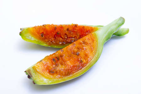 Juicy cut fruit of the edible prickly pear cactus - on a white background, texture close upの写真素材