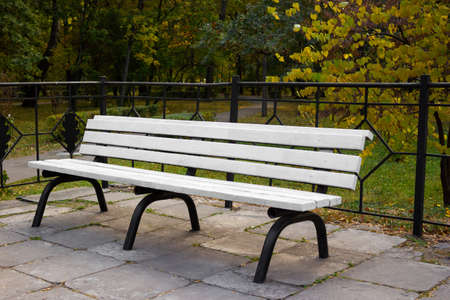 Bench in a beautiful park in autumn - background, leaves and treesの写真素材