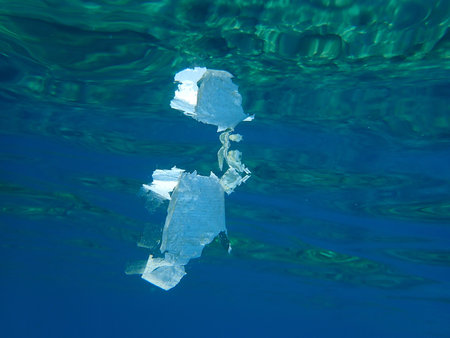 Plastic garbage underwater, Aegean Sea, Greece, Halkidiki