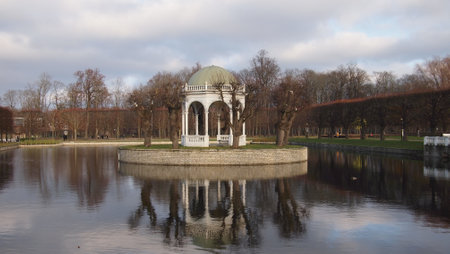 Classic pavillion set in landscaped gardens with a pond, public park, Estonia, Tallinnの写真素材