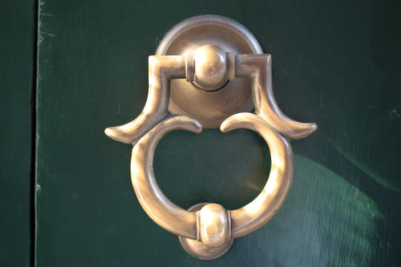 Vintage brass door knocker on an old door, Italy, Rome