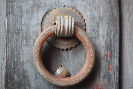 Vintage brass door knocker on an old door, Italy, Rome