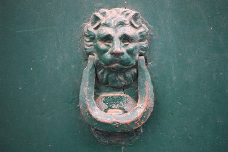 Vintage brass door knocker on an old door, Italy, Rome