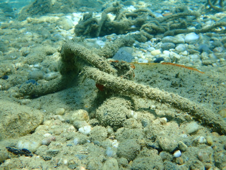 Typical illegal anchoring undersea, Aegean Sea, Greece, Halkidiki. Sea pollution and danger to divers and swimmers.の写真素材