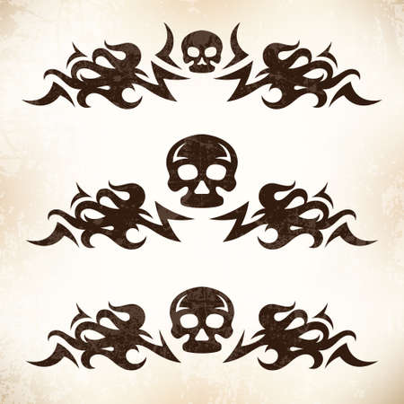 Design elements with abstract fire flame and skull on a grunge backgroundのイラスト素材