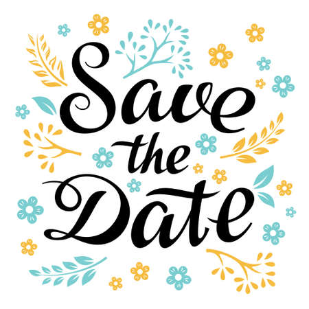 Wedding invitation template with flowers and calligraphic inscriptionのイラスト素材