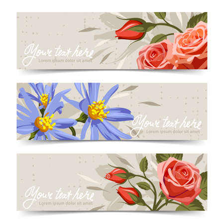 Horizontal banners with flowers; vector illustration for your design; greeting card templateのイラスト素材