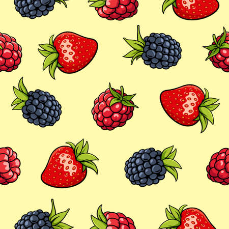Seamless background with strawberry, blackberry, raspberry. Garden berries on yellow backdrop. It can be use as a pattern for fabric, web page backgroundのイラスト素材