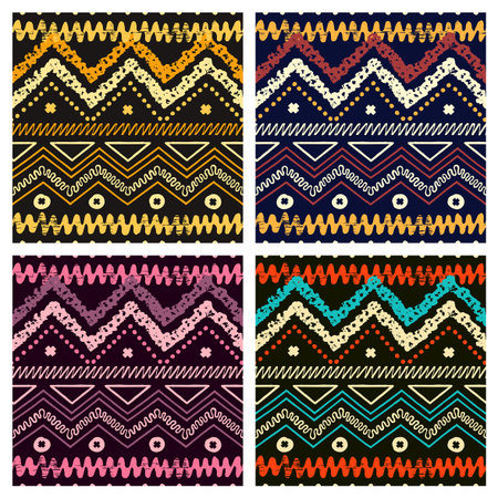 Set of hand drawn painted ethnic seamless patterns with grunge effect. Tribal  traditional pattern of American indians. Use for wallpaper, pattern fills, web page background, fabric. Zigzag and stripe line.のイラスト素材
