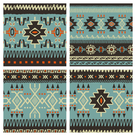 Set of trendy seamless backgrounds.  Abstract tribal ethnic patterns. Use for fabric design, pattern fills, web page backgroundのイラスト素材