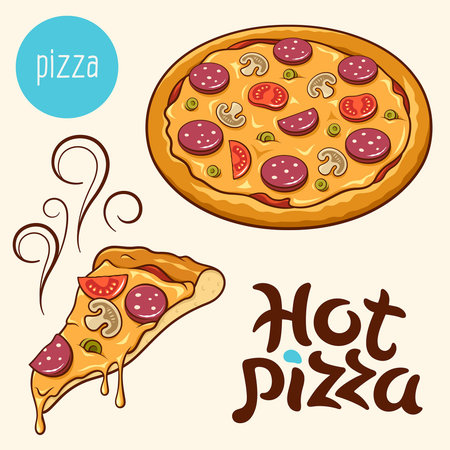 Tasty classical Italian pizza slices and whole. Calligraphic inscription "hot pizza"のイラスト素材