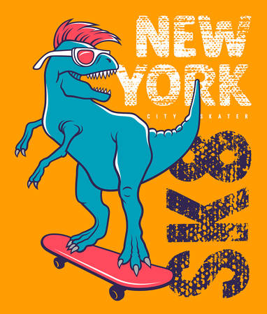 Dinosaur riding on skateboard. Vector illustration of a funny tyrannosaur with sunglasses. Skateboard typography for kids t-shirt. Tee graphicsのイラスト素材