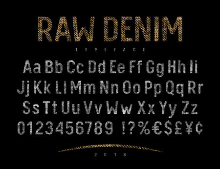 Grunge font with raw denim jeans texture . Rough textured vector alphabet. Vectorsのイラスト素材