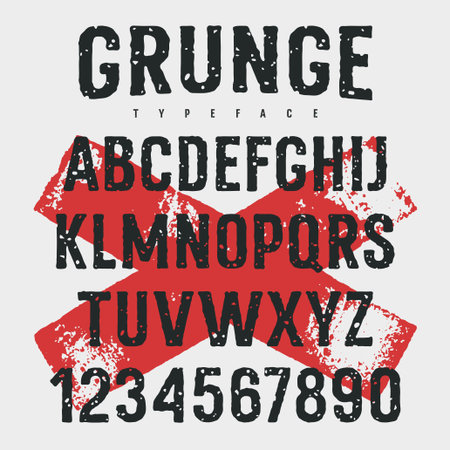 Rough stamp typeface / Grunge textured font. Vector handmade alphabet. Stamp style uppercase letters and numbers. Vectors. Plus 2 grunge textures as a bonusのイラスト素材