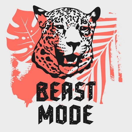 T-shirt design with leopard head, tropical plants and Beast Mode slogan. Graphic Teeのイラスト素材