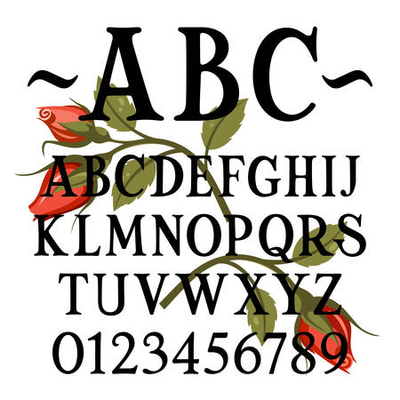 Hand drawn serif font. Simple handcrafted classic alphabet with red roses as decorationのイラスト素材