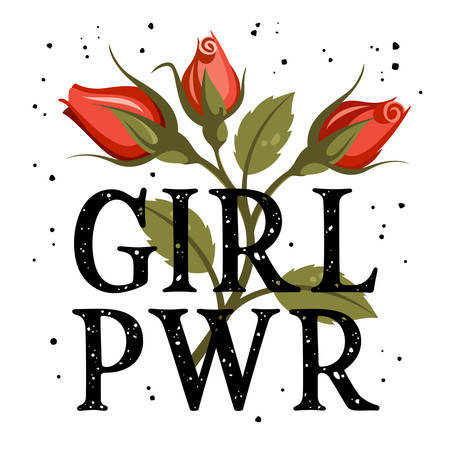 Girl power t-shirt design, slogan typography with red roses, embroidery patch. Female  Graphic Tee. Vectorsのイラスト素材