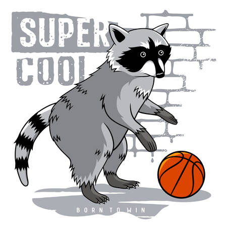 Raccoon vector illustration and cool slogan for t shirt design.  Raccoon playing basketball. Athletic graphic teeのイラスト素材