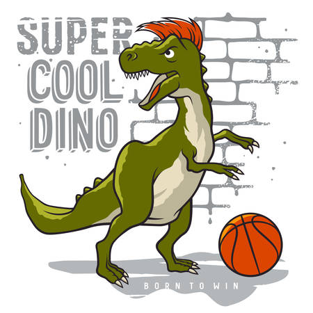 Dinosaur and slogan typography for t shirt design. Tyrannosaur Rex playing basketball on the background of brick wall. Athletic graphic tee. Vectorsのイラスト素材