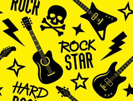 Trendy musical seamless pattern with guitars, skull and crossbones and other rock music symbols. Seamless rock music backgroundのイラスト素材
