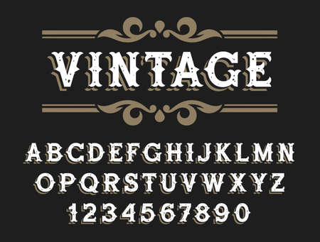 Vintage font in Wild West style. Handmade oldstyle typeface with grunge texture for signboards, labels and postersのイラスト素材