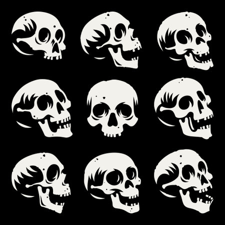 Set of illustrations of a human skull on black backgroundのイラスト素材