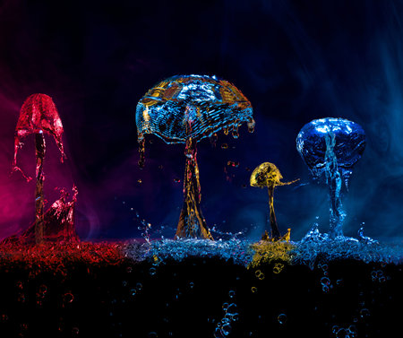water splashes in mushrooms shape on dark backgroundの写真素材
