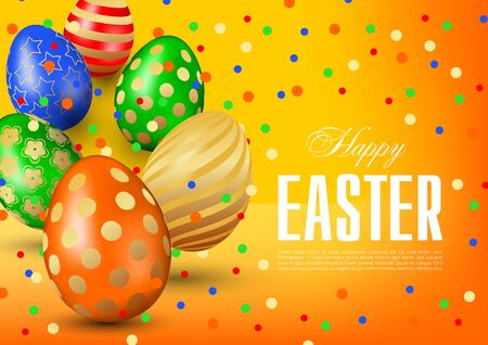 Elegant Happy Easter greeting card, flyer, poster or banner vector template with multicolored realistic 3D eggs and confetti on yellow orange backgroundのイラスト素材