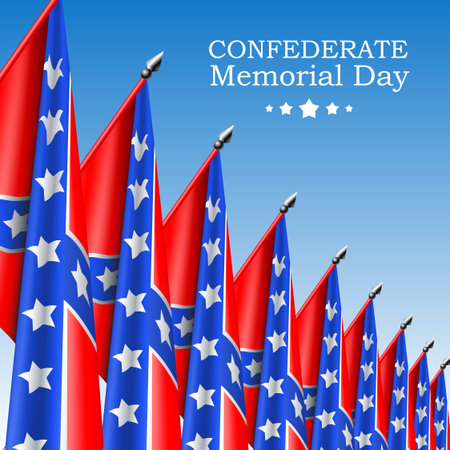 Square Confederate Memorial Day vector banner or social network post template with realistic Confederate flags on blue sky backgroundのイラスト素材