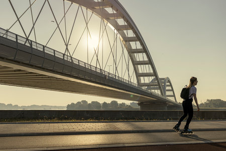 Sport activities near the New Bridge in Novi Sad, Serbiaの写真素材