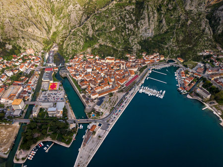 aerial view of Kotor old town in dusk light