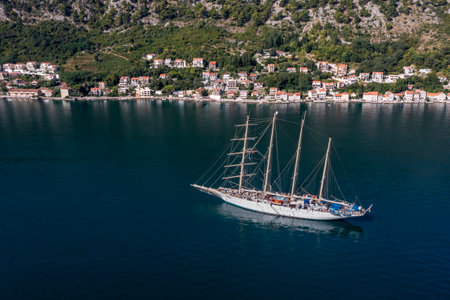 aerial view on Kotor bay with sailor shipの写真素材