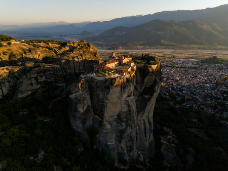 Meteora Monasteries at Sunset Aerial View of Greeces Cliffside Heritageの写真素材