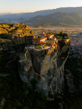 Meteora Monasteries at Sunset Aerial View of Greeces Cliffside Heritageの写真素材