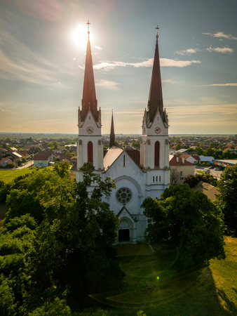 Aerial view of old cathedral in Futog near Novi Sad, Serbiaの写真素材