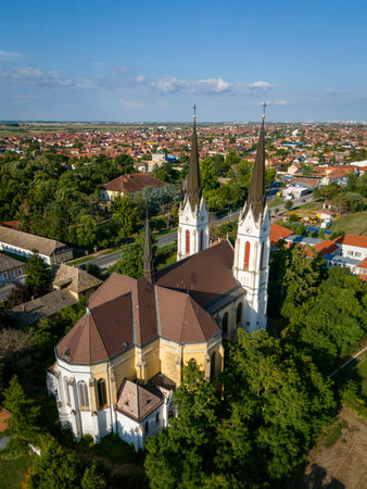 Aerial view of old cathedral in Futog near Novi Sad, Serbiaの写真素材