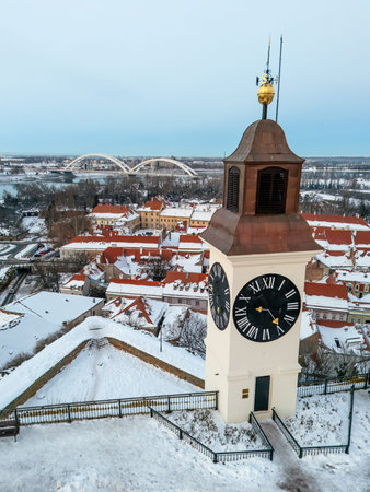 Aerial View of the Iconic Petrovaradin Clock Tower at Sunset in Winter, Novi Sad, Serbia